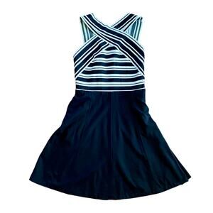 Anthropologie Maeve Black White Crosswise Stripe Fit & Flare Mini Dress Womens 6